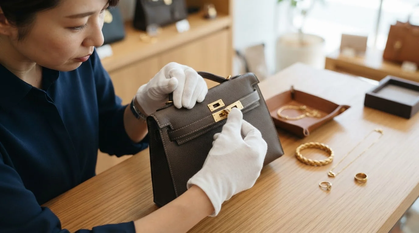 宝飾品を査定するスタッフの手元と確認用の道具